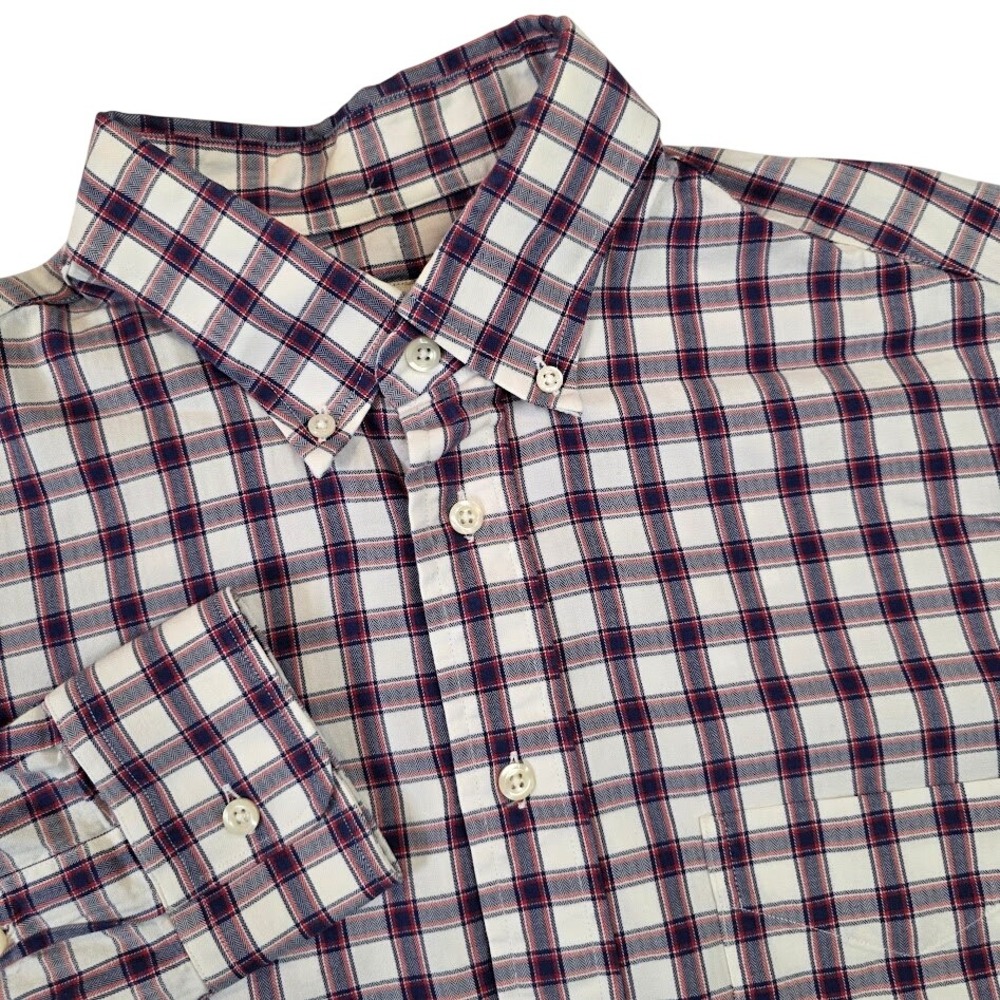 Gitman Bros Men L Button Down Shirt White Red Blue Plaid Long Sleeve Made in USA